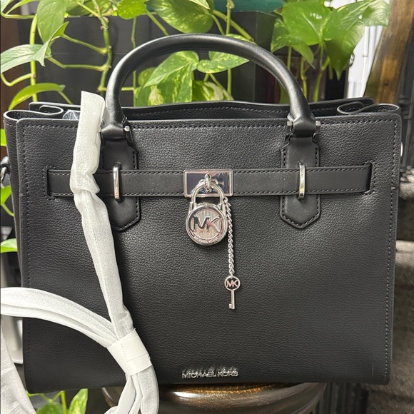 Michael Kors Hamilton Black Leather with Silver Hardware Medium Satchel Handbag